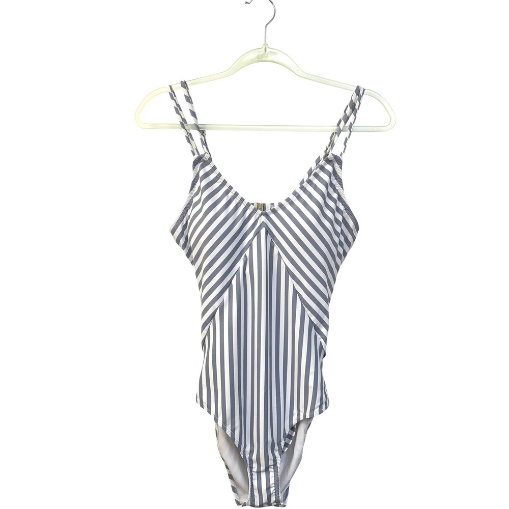 C Apparel Grey White Striped One Piece Swimsuit V-Neck Open Back Size M